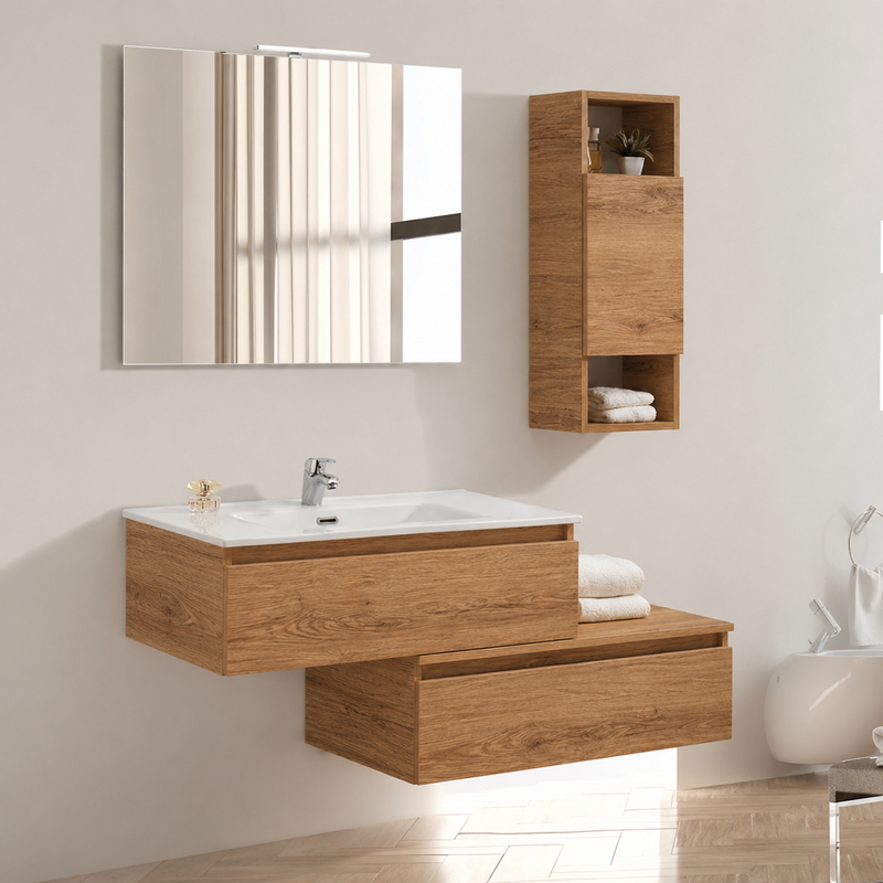 Mobile bagno sospeso Cielo 90 cm con doppia base, pensile e specchio con lampada LED - Rovere Nodato