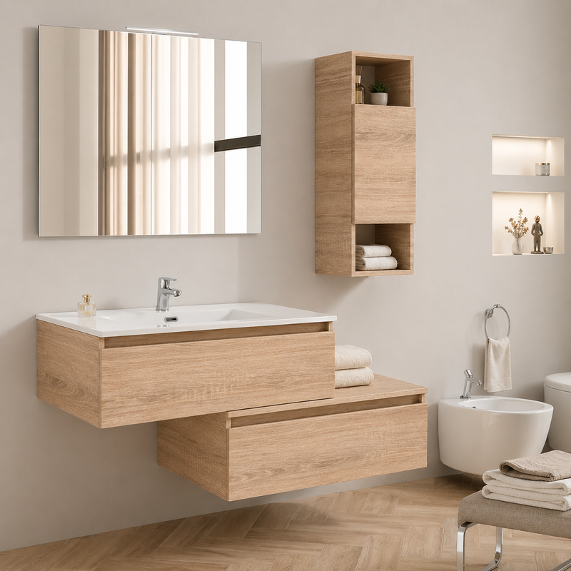 Mobile bagno sospeso Cielo 90 cm con doppia base, pensile e specchio con lampada LED - Rovere Americano