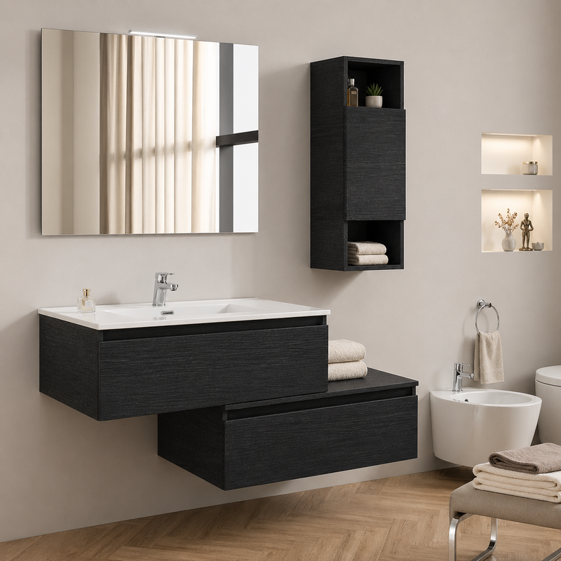 Mobile bagno sospeso Cielo 90 cm con doppia base, pensile e specchio con lampada LED - Rovere Moro