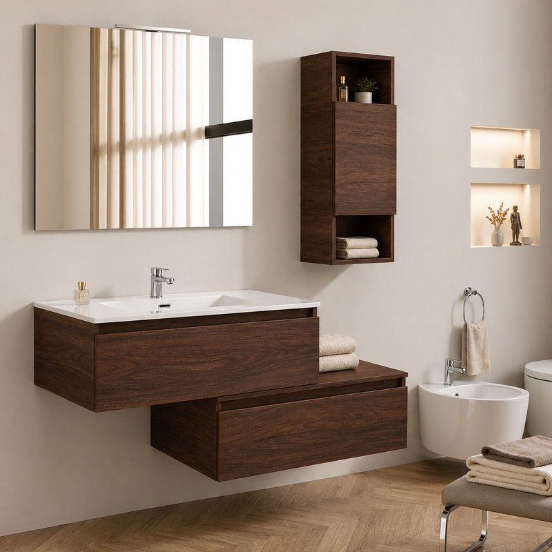 Mobile bagno sospeso Cielo 90 cm con doppia base, pensile e specchio con lampada LED - Noce
