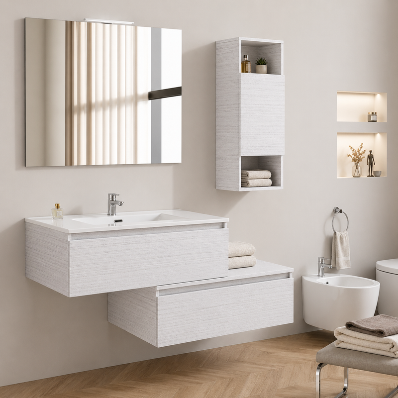Mobile bagno sospeso Cielo 90 cm con doppia base, pensile e specchio con lampada LED - Portuna Bianco