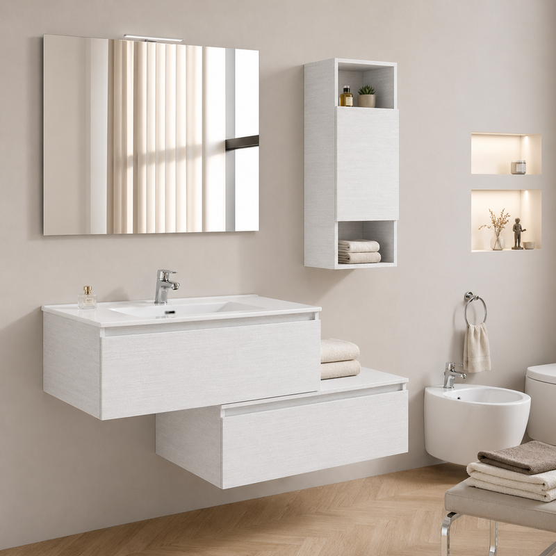 Mobile bagno sospeso Cielo 90 cm con doppia base, pensile e specchio con lampada LED - Bianco Frassino