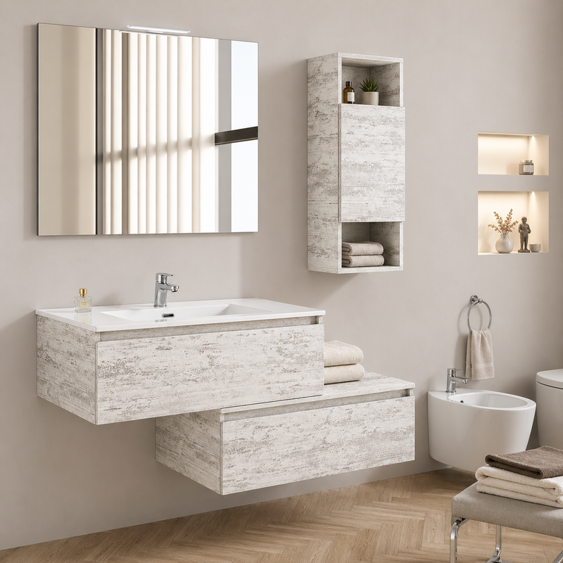 Mobile bagno sospeso Cielo 90 cm con doppia base, pensile e specchio con lampada LED - Bianco Vintage