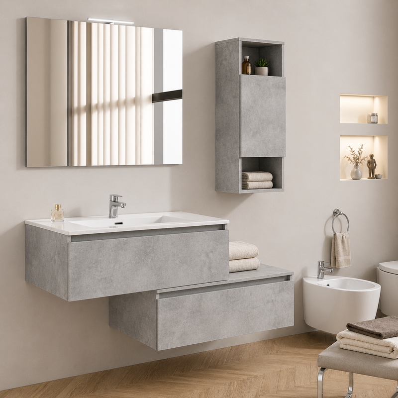Mobile bagno sospeso Cielo 90 cm con doppia base, pensile e specchio con lampada LED - Cemento Chiaro