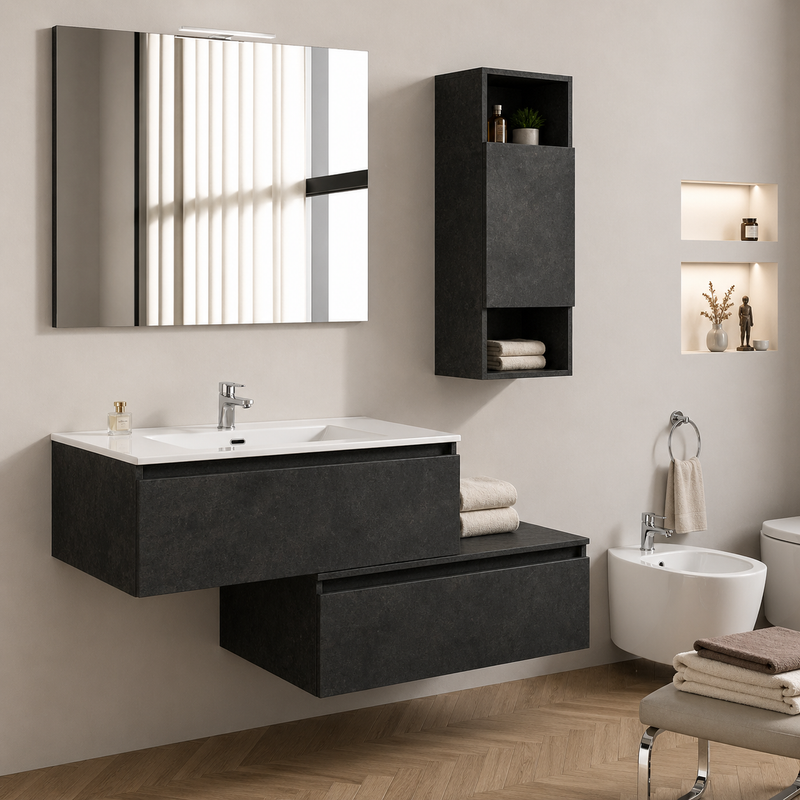 Mobile bagno sospeso Cielo 90 cm con doppia base, pensile e specchio con lampada LED - Cemento Scuro