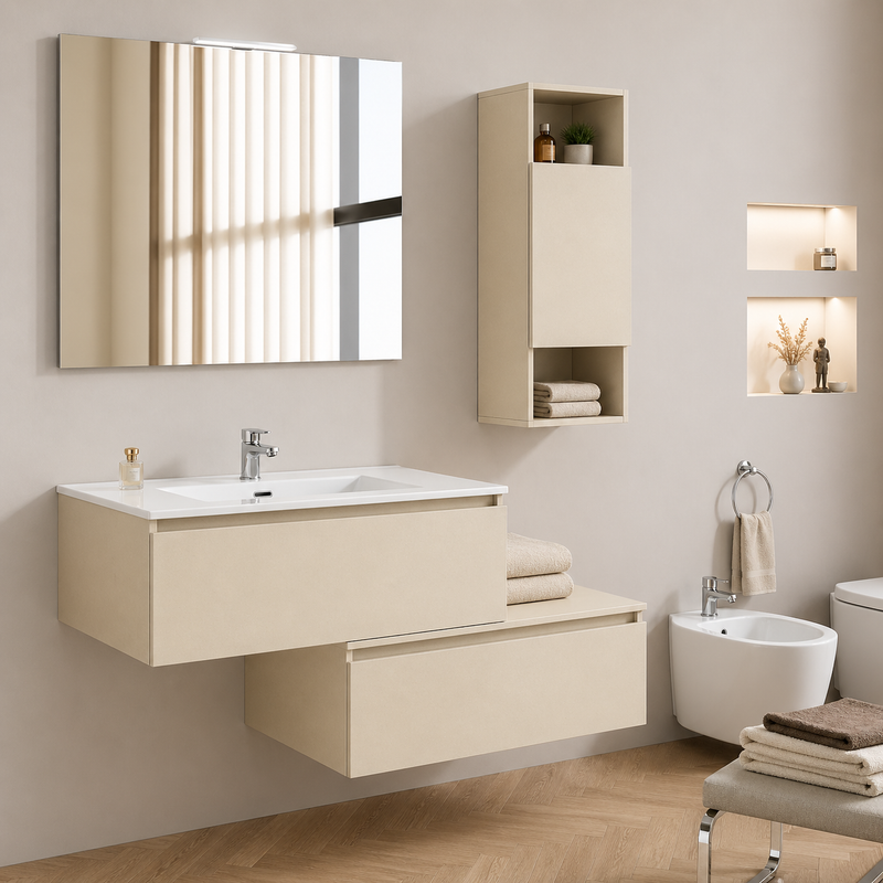 Mobile bagno sospeso Cielo 90 cm con doppia base, pensile e specchio con lampada LED - Pianta di Vaniglia