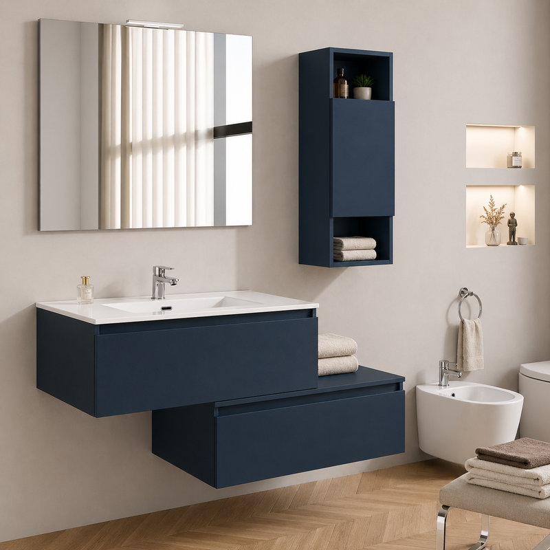Mobile bagno sospeso Cielo 90 cm con doppia base, pensile e specchio con lampada LED - Blu Capri