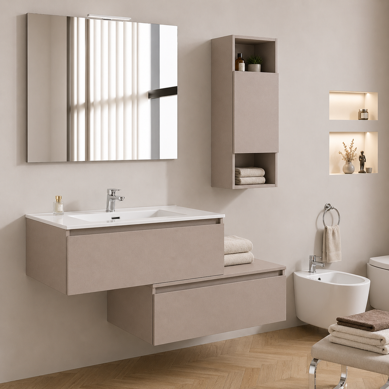 Mobile bagno sospeso Cielo 90 cm con doppia base, pensile e specchio con lampada LED - Cashmere