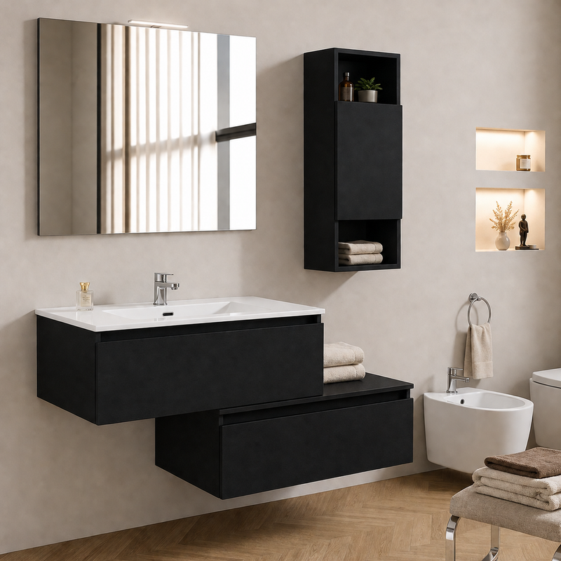Mobile bagno sospeso Cielo 90 cm con doppia base, pensile e specchio con lampada LED - Nero Sabbiato