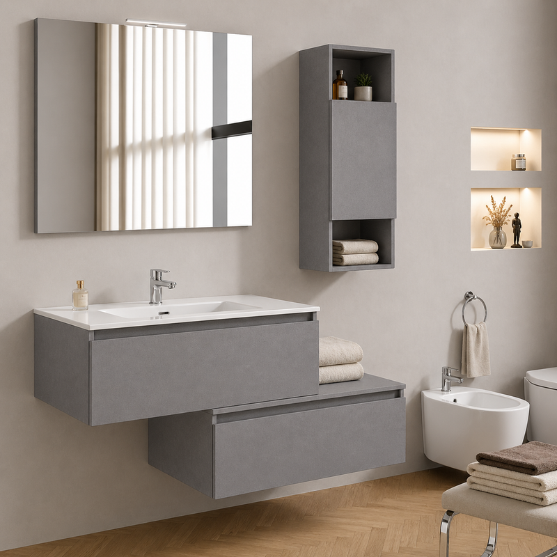 Mobile bagno sospeso Cielo 90 cm con doppia base, pensile e specchio con lampada LED - Grigio Londra
