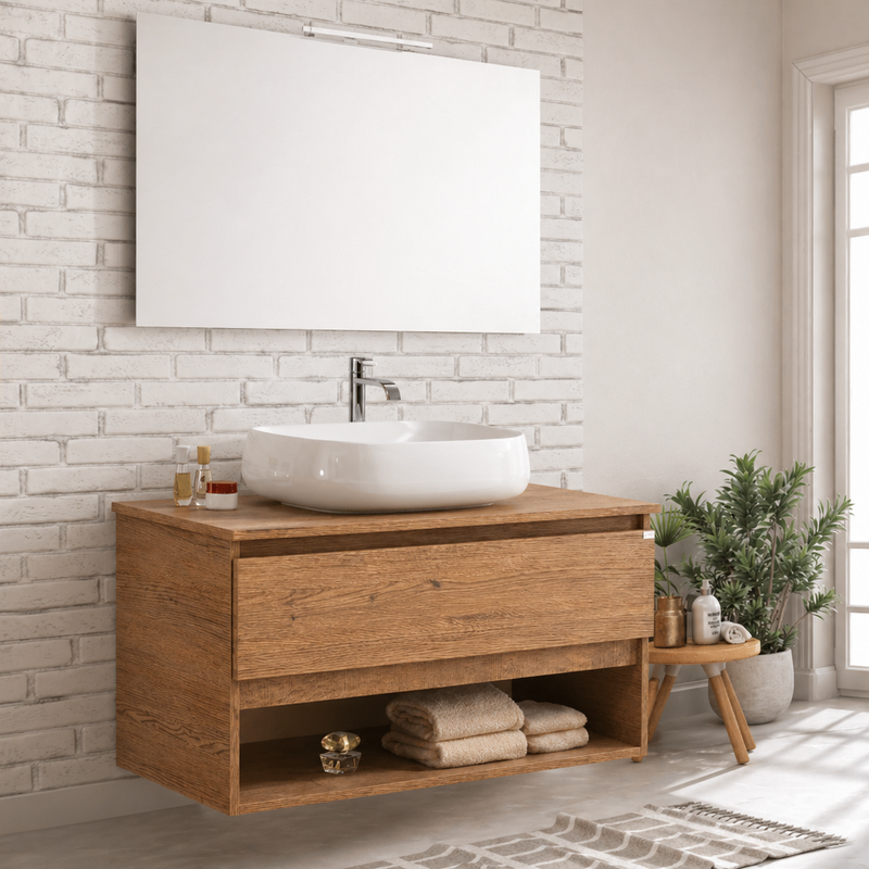 Mobile bagno sospeso Nerone 90 cm con lavabo a ciotola e specchio con LED - Rovere Nodato