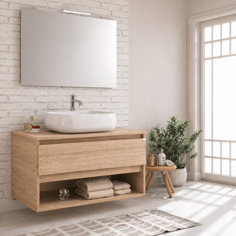 Mobile bagno sospeso Nerone 90 cm con lavabo a ciotola e specchio con LED - Rovere Americano