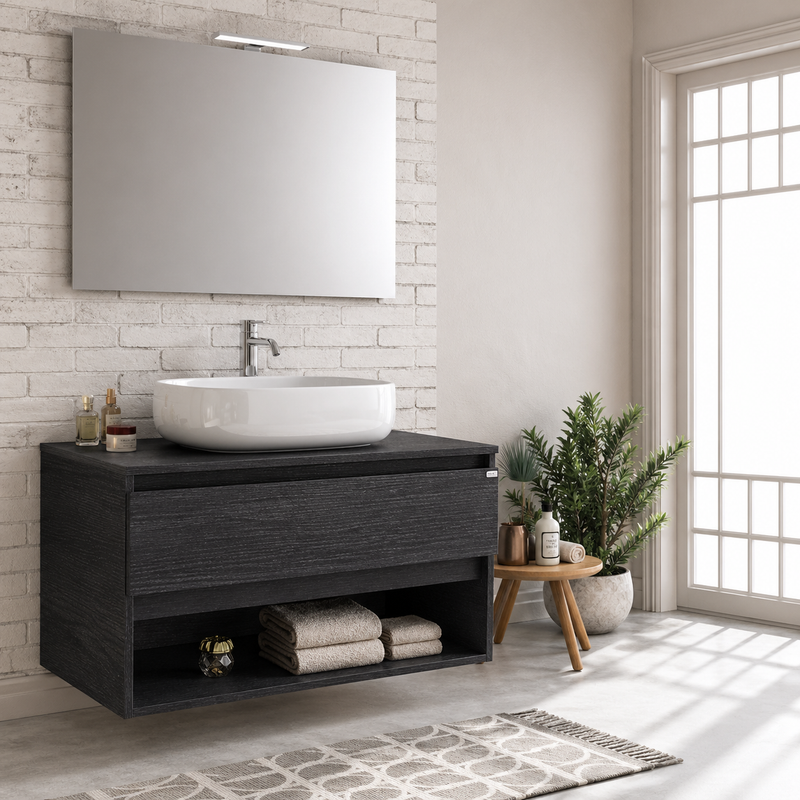 Mobile bagno sospeso Nerone 90 cm con lavabo a ciotola e specchio con LED - Rovere Moro