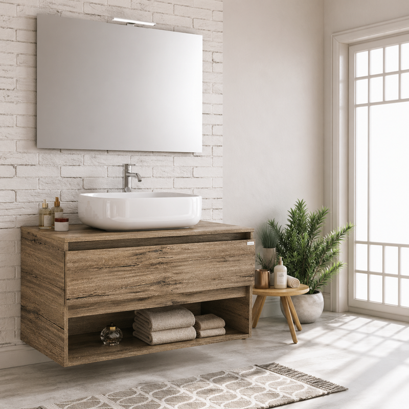 Mobile bagno sospeso Nerone 90 cm con lavabo a ciotola e specchio con LED - Olmo Sabbia