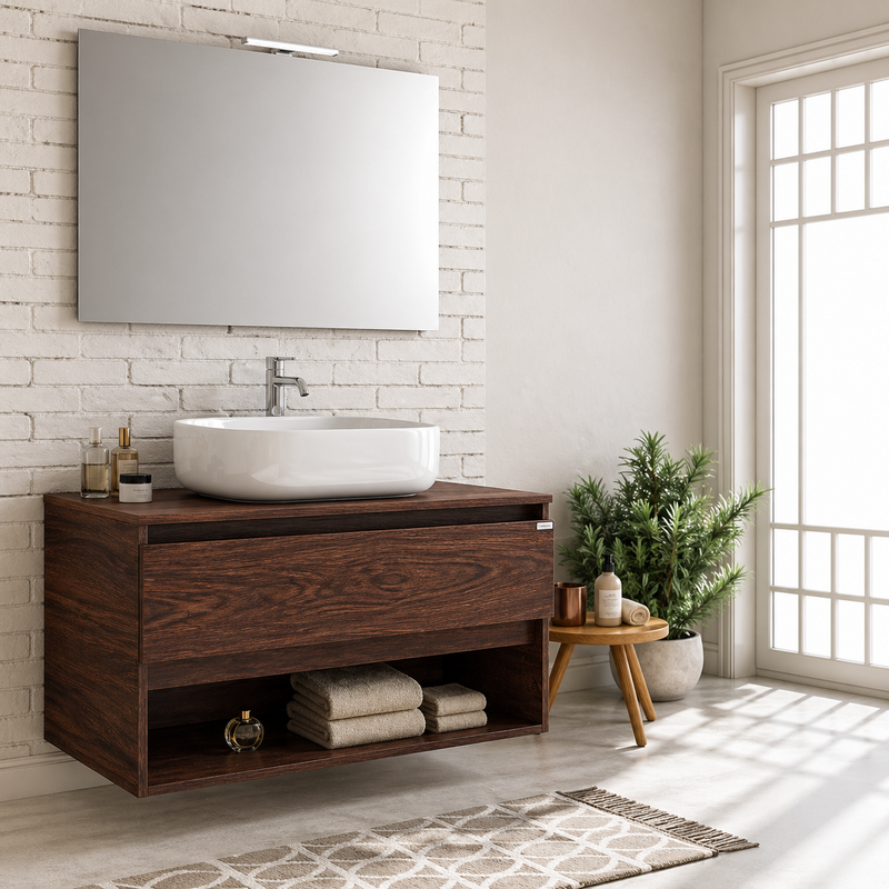 Mobile bagno sospeso Nerone 90 cm con lavabo a ciotola e specchio con LED - Noce