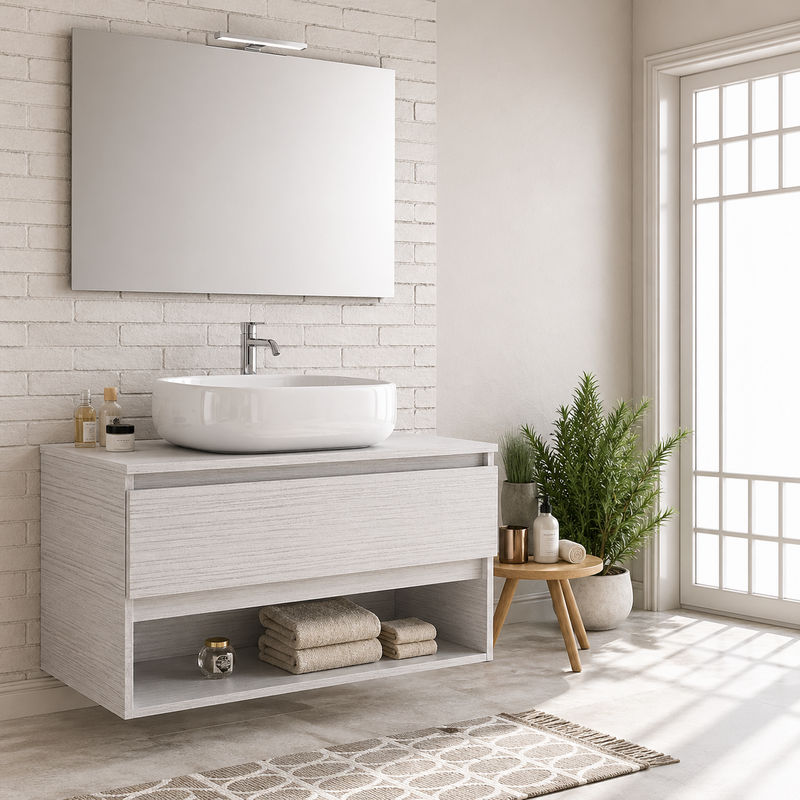 Mobile bagno sospeso Nerone 90 cm con lavabo a ciotola e specchio con LED - Portuna bianco