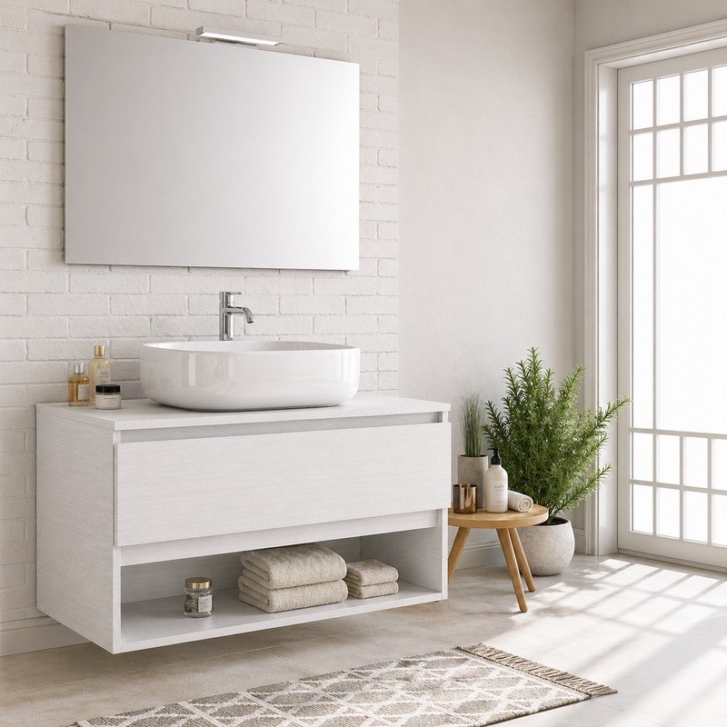 Mobile bagno sospeso Nerone 90 cm con lavabo a ciotola e specchio con LED - Bianco Frassino