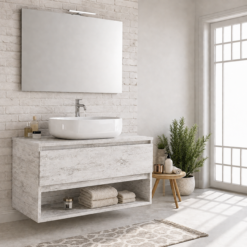 Mobile bagno sospeso Nerone 90 cm con lavabo a ciotola e specchio con LED - Bianco Vintage