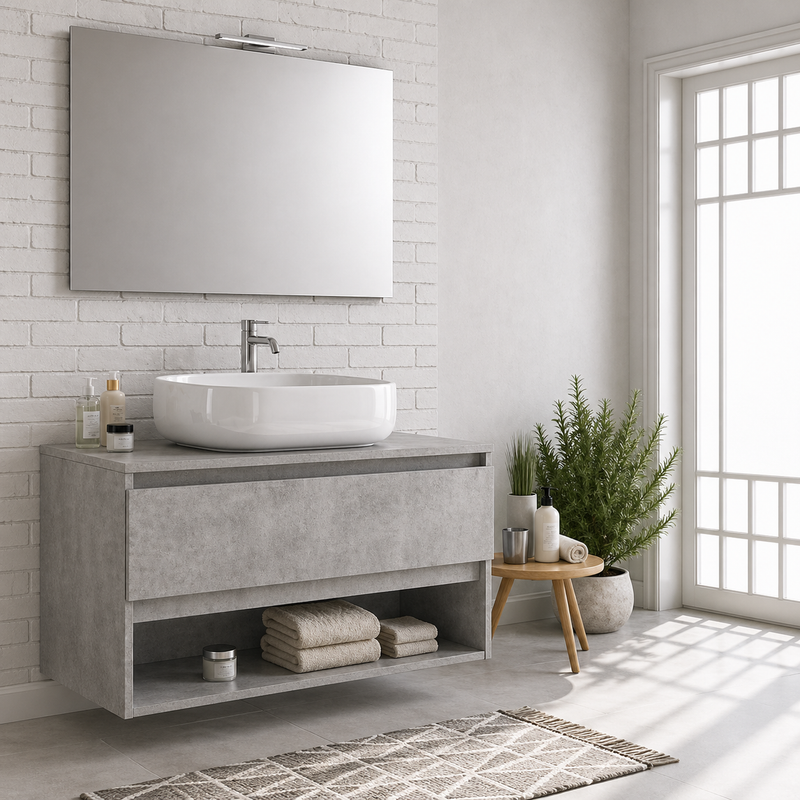 Mobile bagno sospeso Nerone 90 cm con lavabo a ciotola e specchio con LED - Cemento Chiaro