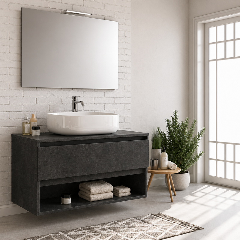 Mobile bagno sospeso Nerone 90 cm con lavabo a ciotola e specchio con LED - Cemento Scuro