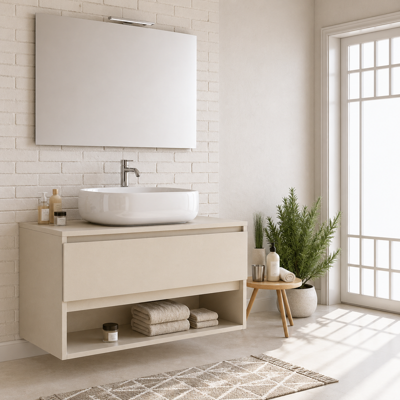 Mobile bagno sospeso Nerone 90 cm con lavabo a ciotola e specchio con LED - Pianta di Vaniglia