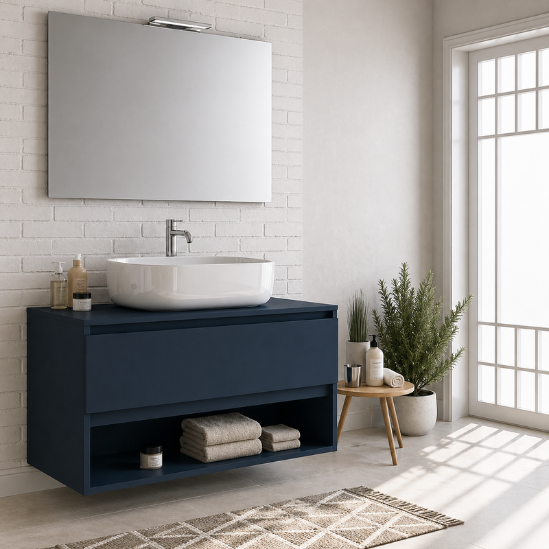 Mobile bagno sospeso Nerone 90 cm con lavabo a ciotola e specchio con LED - Blu Capri