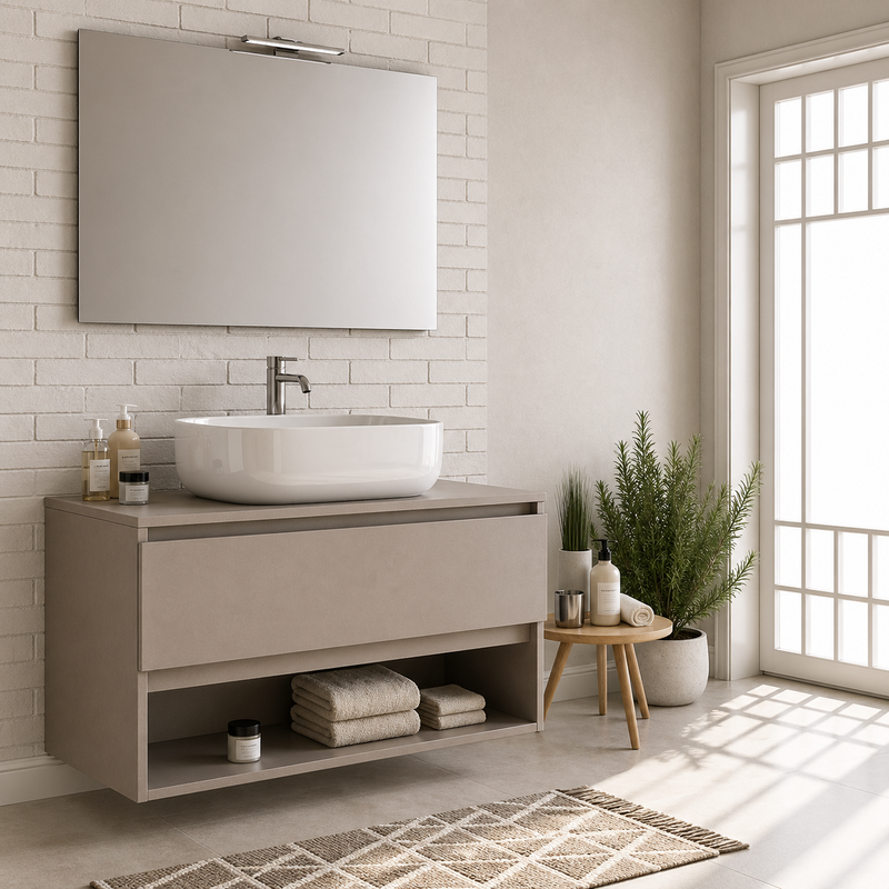 Mobile bagno sospeso Nerone 90 cm con lavabo a ciotola e specchio con LED - Cashmere