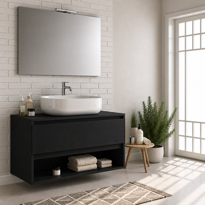 Mobile bagno sospeso Nerone 90 cm con lavabo a ciotola e specchio con LED - Nero Sabbiato
