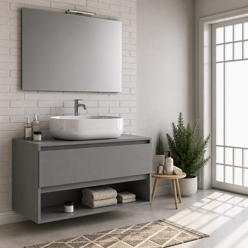 Mobile bagno sospeso Nerone 90 cm con lavabo a ciotola e specchio con LED - Grigio Londra