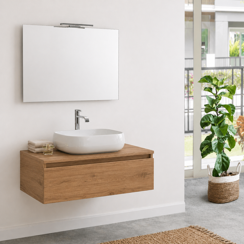 Mobile bagno sospeso Semplicity 90 cm con lavabo a ciotola e specchio LED - Rovere Nodato
