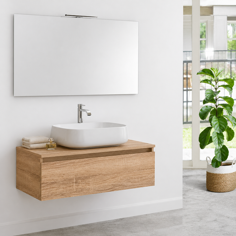 Mobile bagno sospeso Semplicity 90 cm con lavabo a ciotola e specchio LED - Rovere Americano