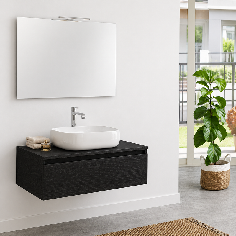 Mobile bagno sospeso Semplicity 90 cm con lavabo a ciotola e specchio LED - Rovere Moro