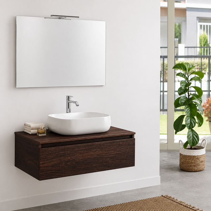 Mobile bagno sospeso Semplicity 90 cm con lavabo a ciotola e specchio LED - Noce