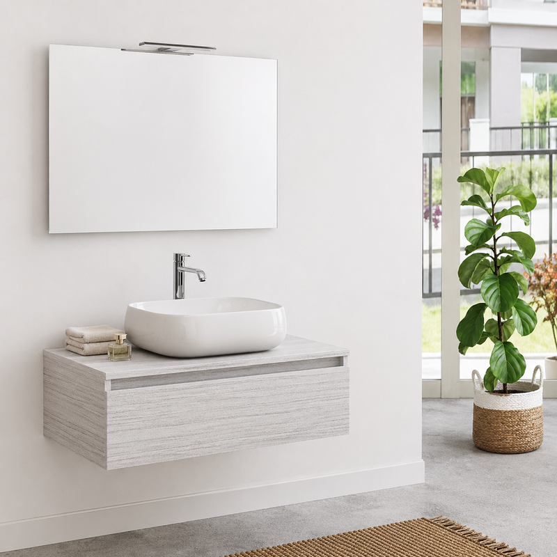 Mobile bagno sospeso Semplicity 90 cm con lavabo a ciotola e specchio LED - Portuna Bianco