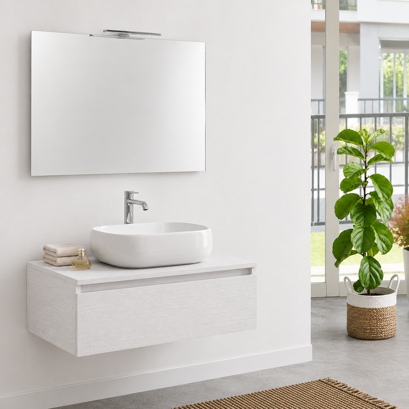 Mobile bagno sospeso Semplicity 90 cm con lavabo a ciotola e specchio LED - Bianco Frassino