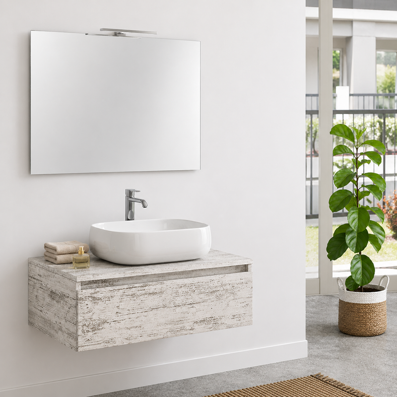 Mobile bagno sospeso Semplicity 90 cm con lavabo a ciotola e specchio LED - Bianco Vintage
