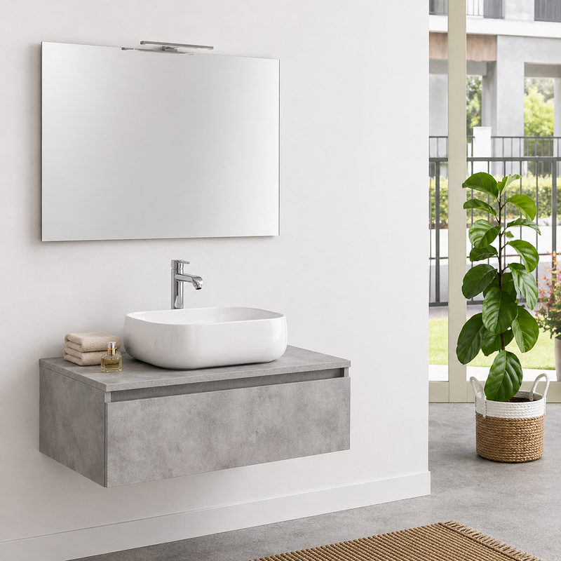 Mobile bagno sospeso Semplicity 90 cm con lavabo a ciotola e specchio LED - Cemento Chiaro