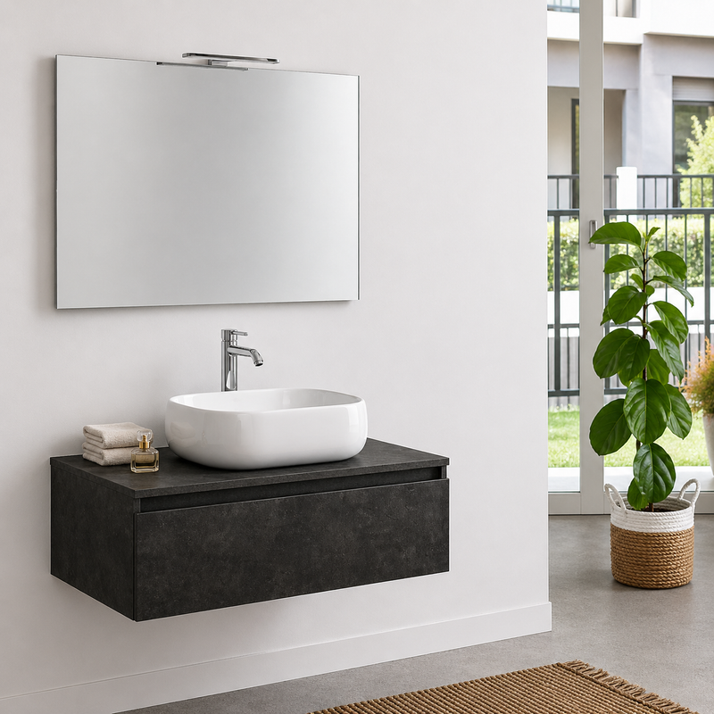 Mobile bagno sospeso Semplicity 90 cm con lavabo a ciotola e specchio LED - Cemento Scuro