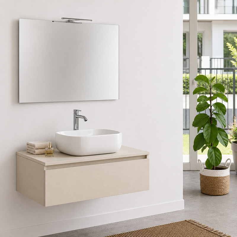 Mobile bagno sospeso Semplicity 90 cm con lavabo a ciotola e specchio LED - Pianta di Vaniglia