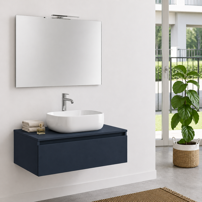Mobile bagno sospeso Semplicity 90 cm con lavabo a ciotola e specchio LED - Blu Capri