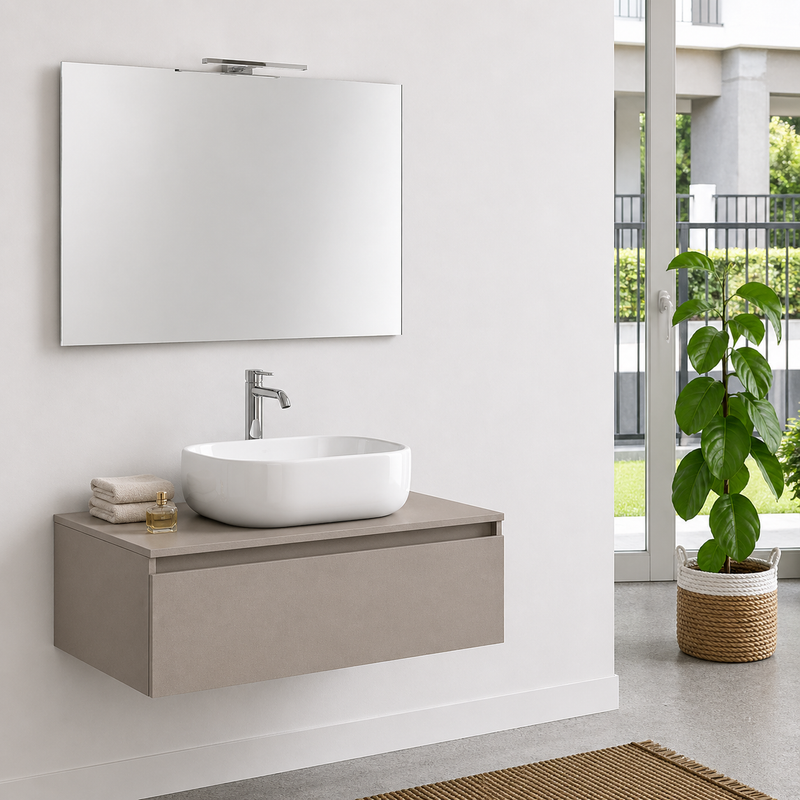 Mobile bagno sospeso Semplicity 90 cm con lavabo a ciotola e specchio LED - Cashmere
