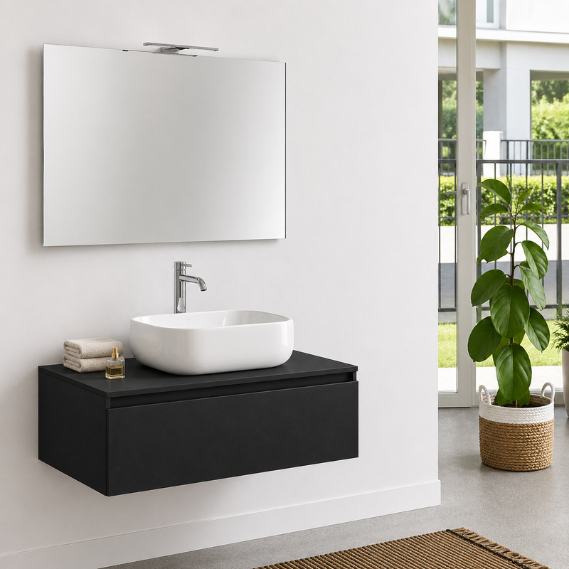 Mobile bagno sospeso Semplicity 90 cm con lavabo a ciotola e specchio LED - Nero Sabbiato