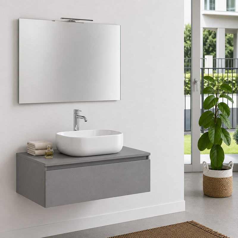 Mobile bagno sospeso Semplicity 90 cm con lavabo a ciotola e specchio LED - Grigio Londra
