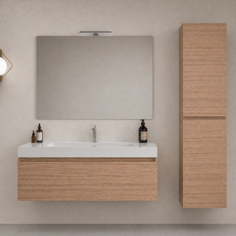 Mobile bagno sospeso Cairo 100 cm con lavabo in marmoresina, specchio con LED e colonna - Rovere Americano