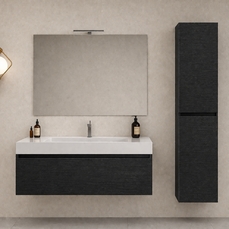 Mobile bagno sospeso Cairo 100 cm con lavabo in marmoresina, specchio con LED e colonna - Rovere Moro