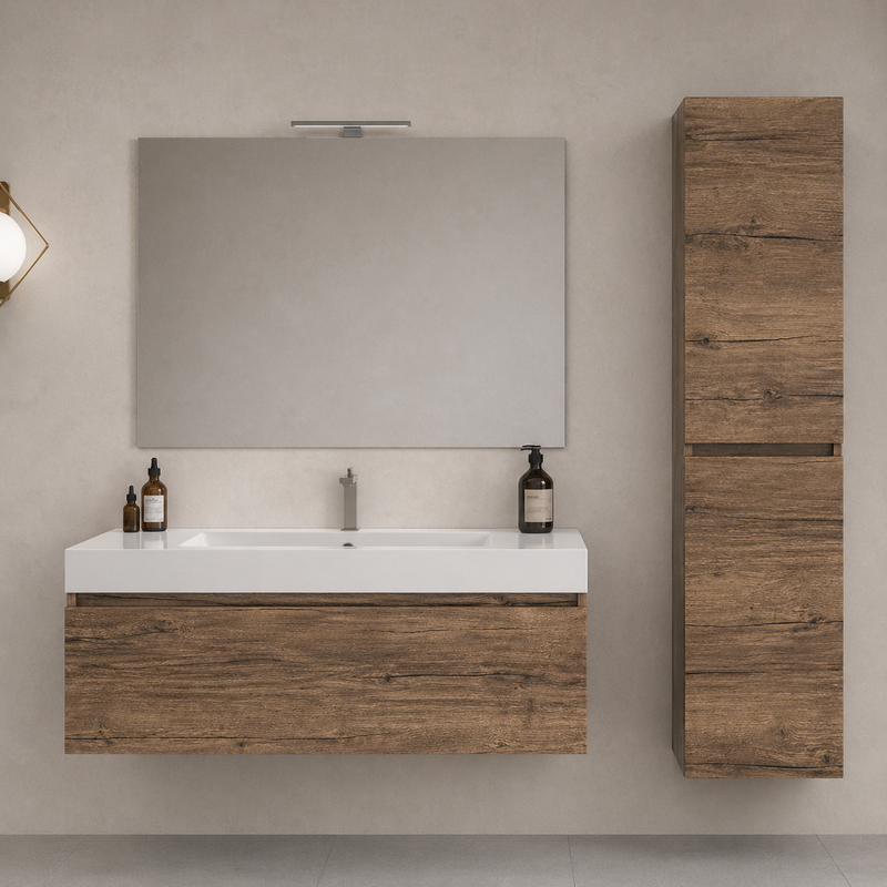 Mobile bagno sospeso Cairo 100 cm con lavabo in marmoresina, specchio con LED e colonna - Olmo Sabbia