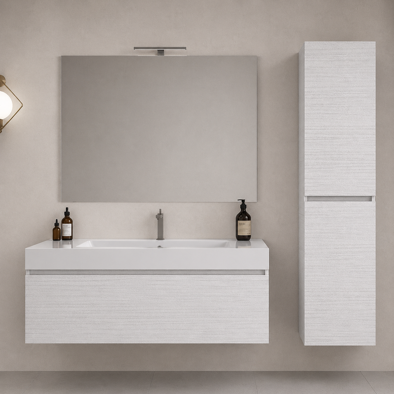 Mobile bagno sospeso Cairo 100 cm con lavabo in marmoresina, specchio con LED e colonna - Portuna Bianco
