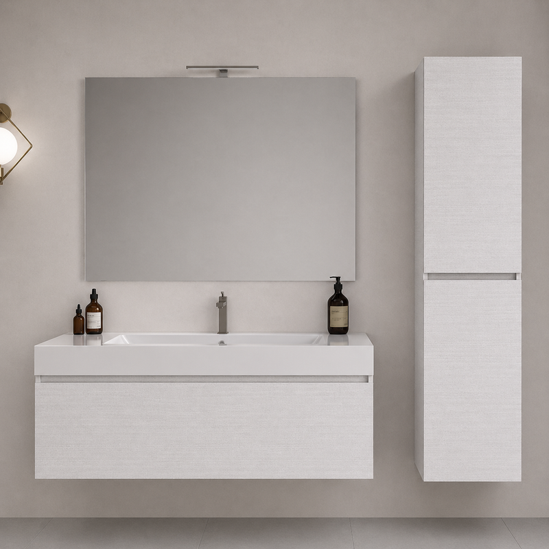 Mobile bagno sospeso Cairo 100 cm con lavabo in marmoresina, specchio con LED e colonna - Bianco Frassino