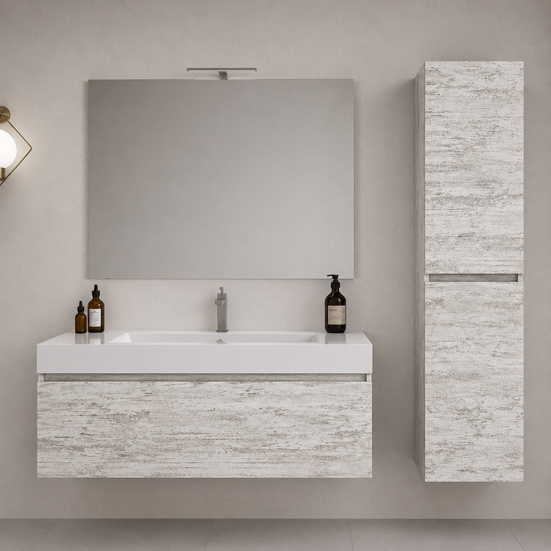 Mobile bagno sospeso Cairo 100 cm con lavabo in marmoresina, specchio con LED e colonna - Bianco Vintage