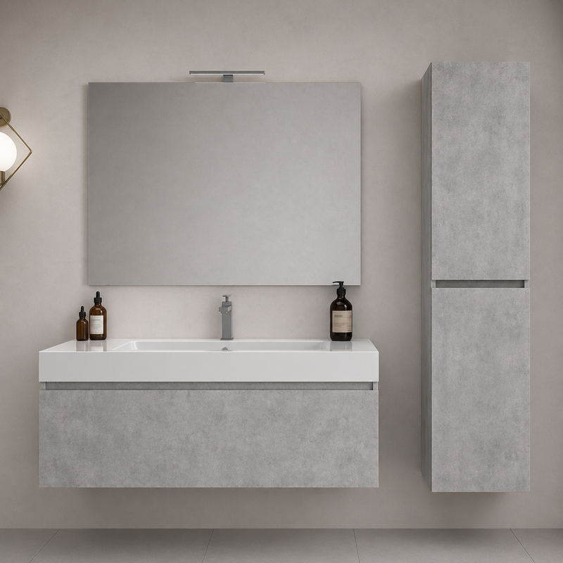 Mobile bagno sospeso Cairo 100 cm con lavabo in marmoresina, specchio con LED e colonna - Cemento Chiaro